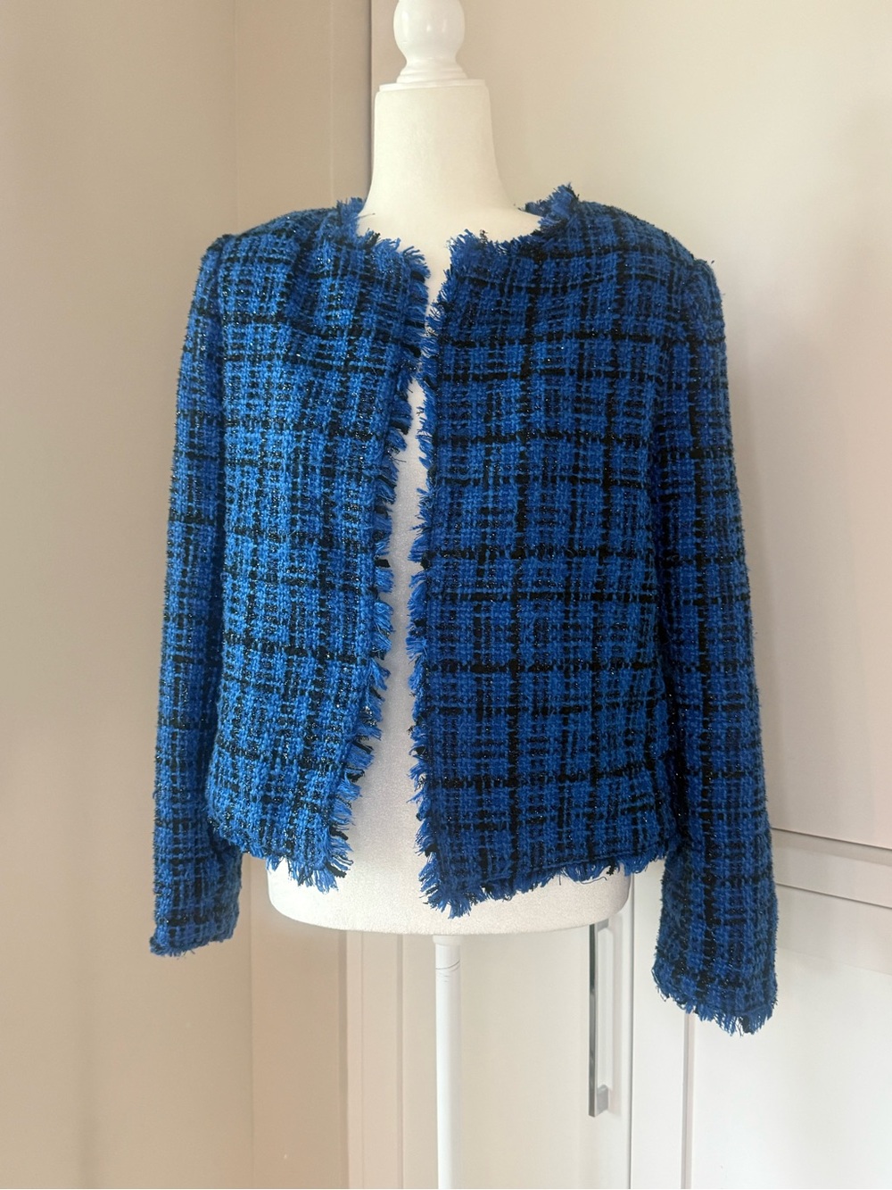 Alice + Olivia Blue and Black Fringed Bouclé Plaid Jacket